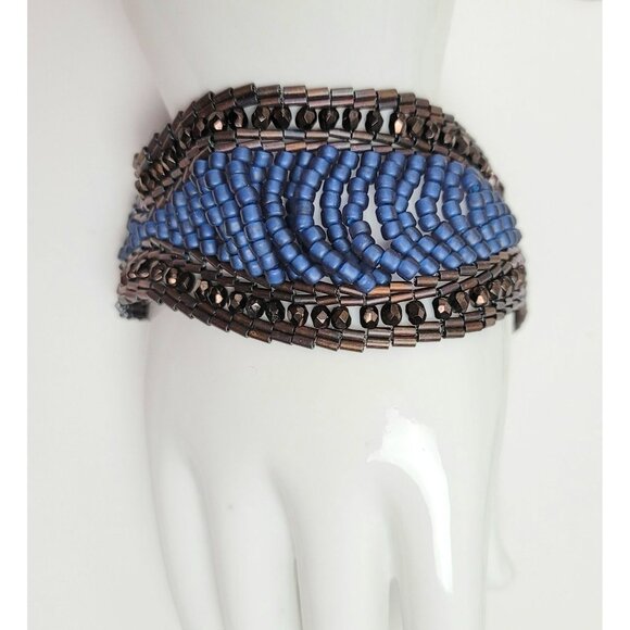 Blue & Brown Glass Bead, Sterling Silver Box Clasp Chunky Bracelet, 6.5" Long